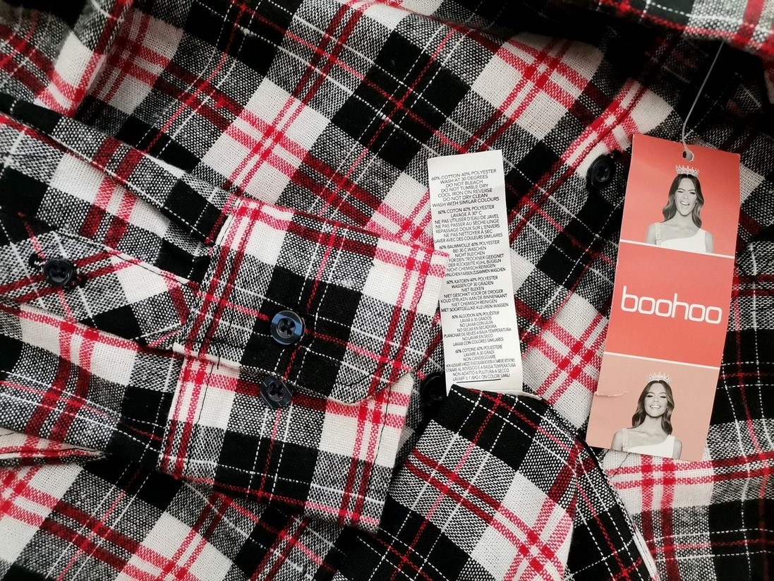 Boohoo Size 10 (38) Color Czarny Krata Kołnierz Tunika Zapinana Bluzka Długi rękaw Fabric Bawełna