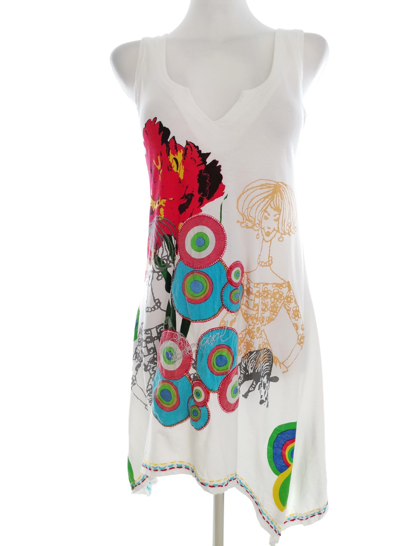 DESIGUAL Size M Color Biały Geometryczny Dekolt U Tunika Bluzka Bezrękawnik Fabric Bawełna