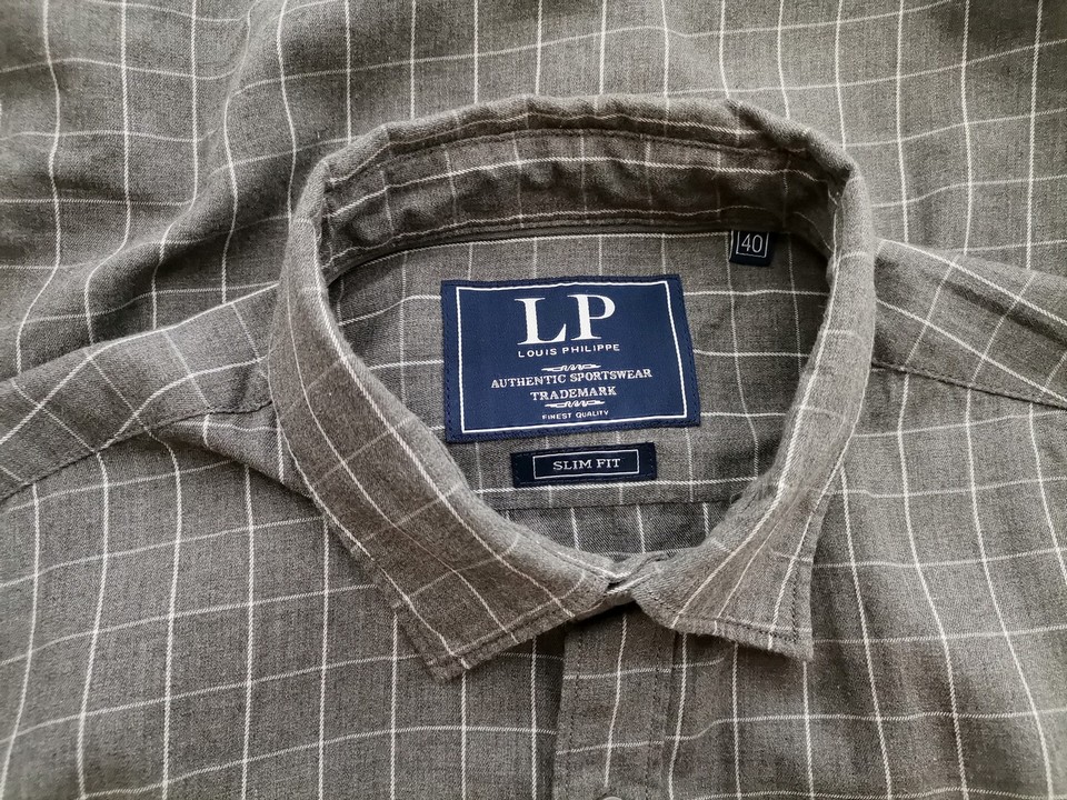 Louis Philippe Size 40 Color Szary Krata Kołnierz Męska Koszula Elegancka Długi rękaw Fabric Bawełna 100%