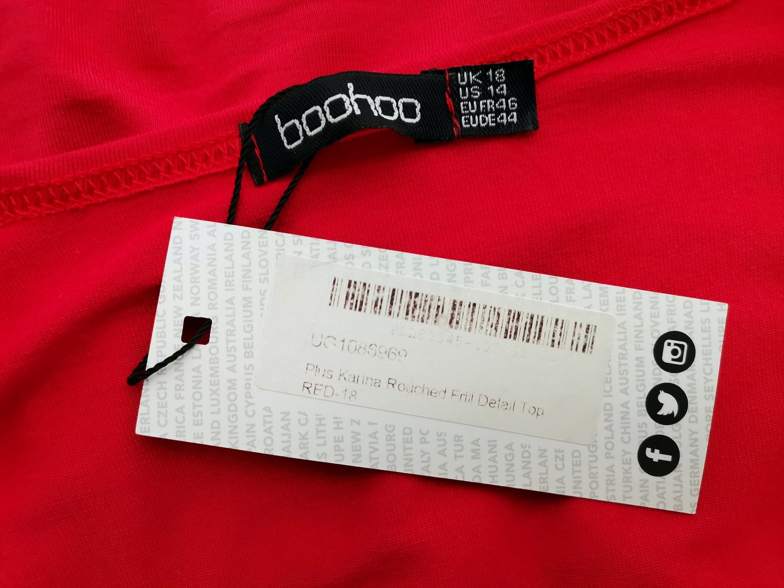 Boohoo Size 18 (46) Color Czerwony Głęboki Serek Bluzka Długi rękaw Fabric Wiskoza