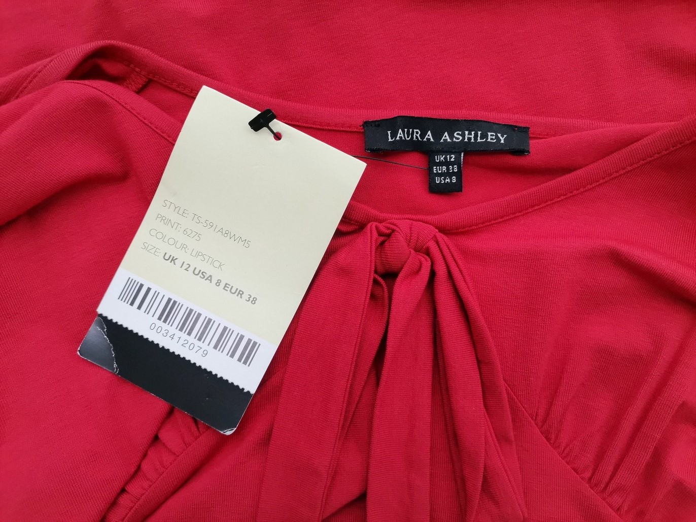 Laura ashley Size 12 (38) Color Czerwony W serek Bluzka Krótki rękaw Fabric Wiskoza