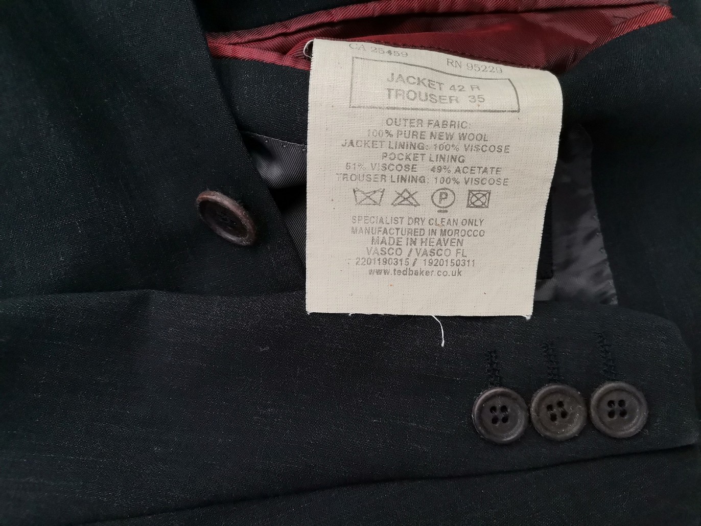 Ted Baker Size 42 (XL) Color Czarny Męska Marynarka Długi rękaw Fabric Wełna Jagnięca 100%