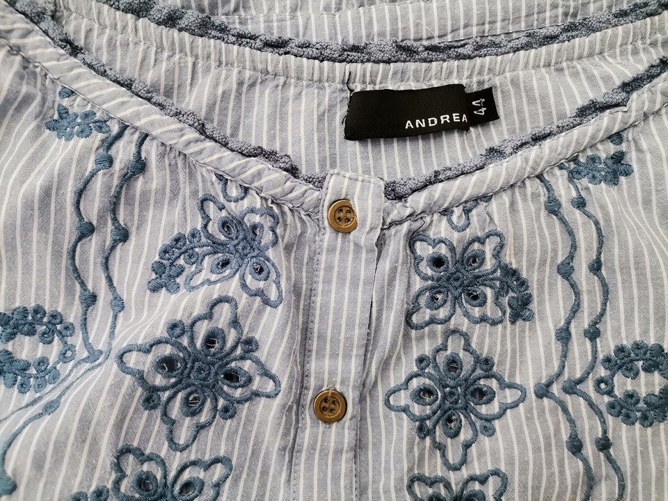 Andrea Size 44 Color Niebieski Pasy Dekolt U Tunika Zapinana Bluzka Rękaw 3/4 Fabric Bawełna 100%