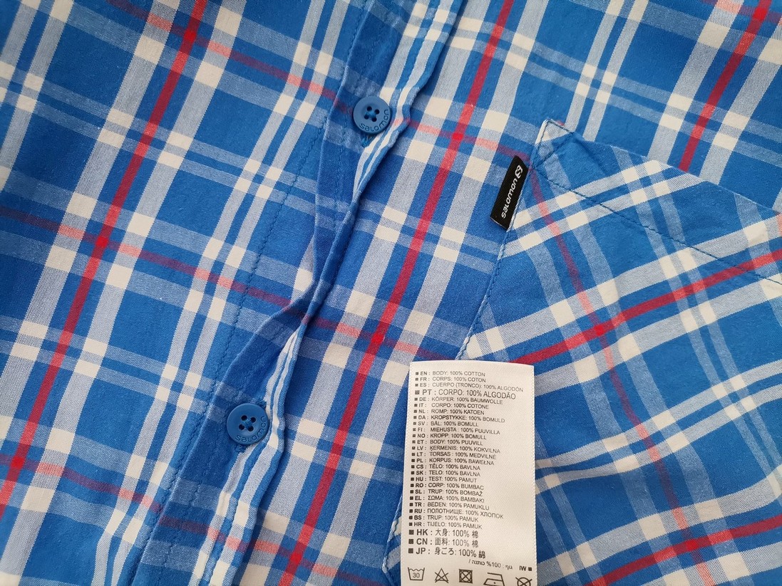 SALOMON Size XL Color Niebieski Krata Kołnierz Męska Koszula Casual Długi rękaw Fabric Bawełna 100%