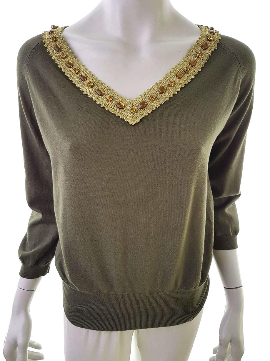 Katrin Uri Size L Color Khaki W łódkę Sweter Rękaw 3/4 Fabric Bawełna Cienka dzianina