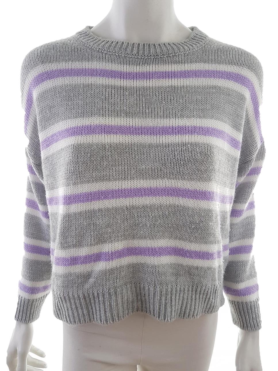 Made in Italy Size M/L Color Szary Pasy Crew Neck Sweter Długi rękaw Fabric Akryl 100% Cienka dzianina