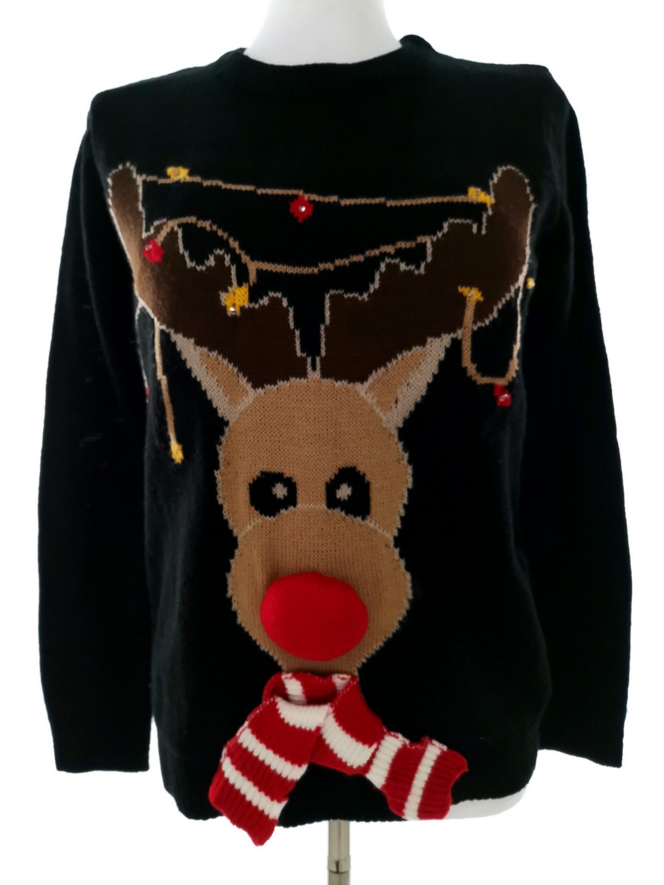 Merry Christmas Size 38-40 Color Czarny Crew Neck Sweter Świąteczny Gwiazdka Długi rękaw Cienka dzianina