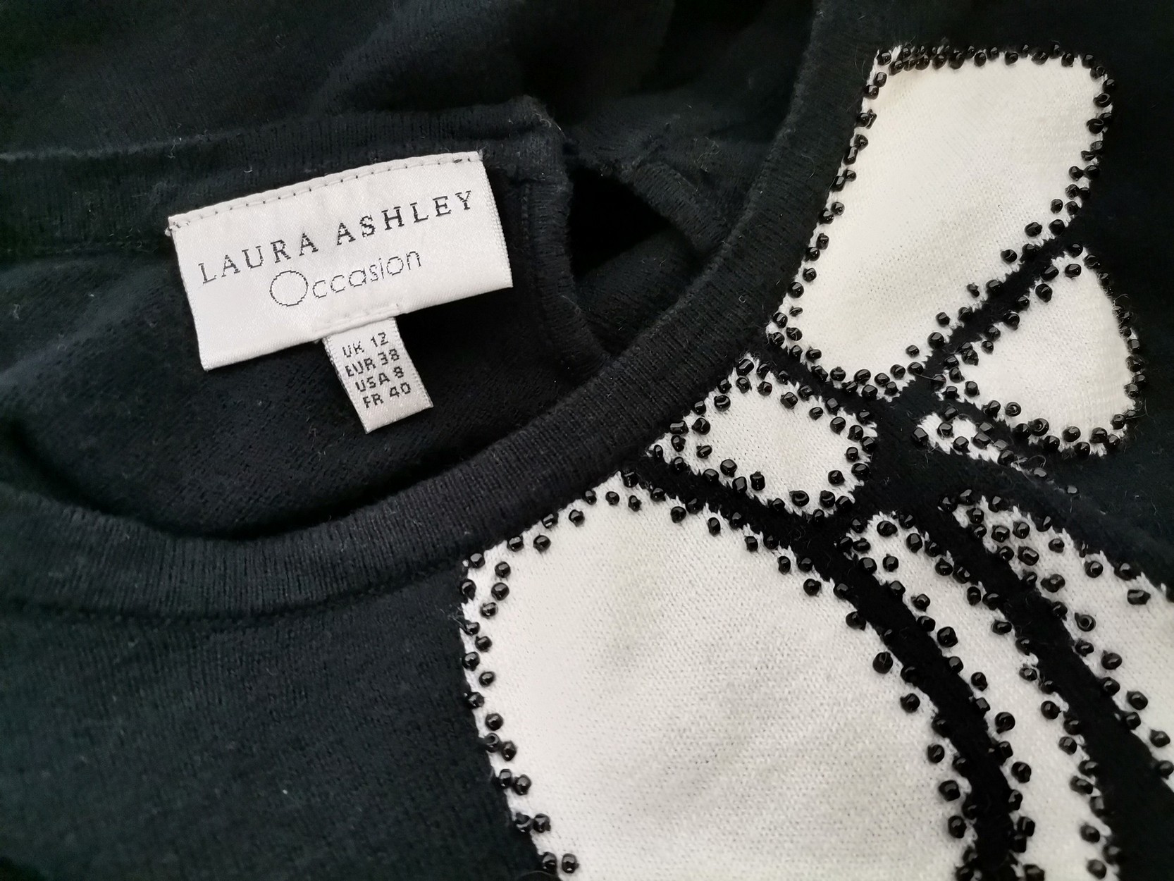 Laura ashley Size 12 (38) Color Czarny Crew Neck Sweter Rękaw 3/4 Fabric Bawełna