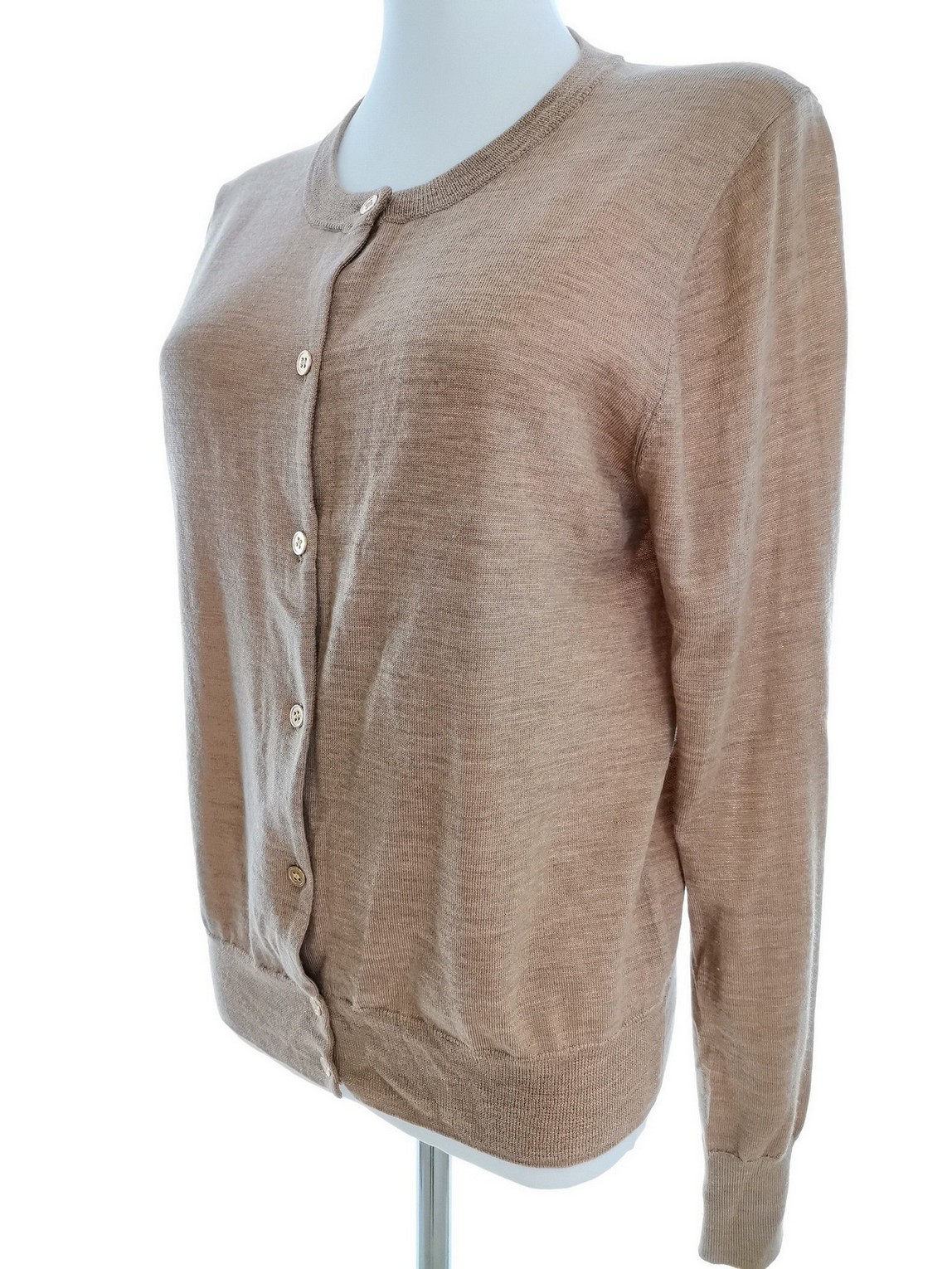 J.Crew Size L Color Brązowy Okrągły dekolt Kardigan Zapinany Długi rękaw Fabric Wełna Merino Cienka dzianina