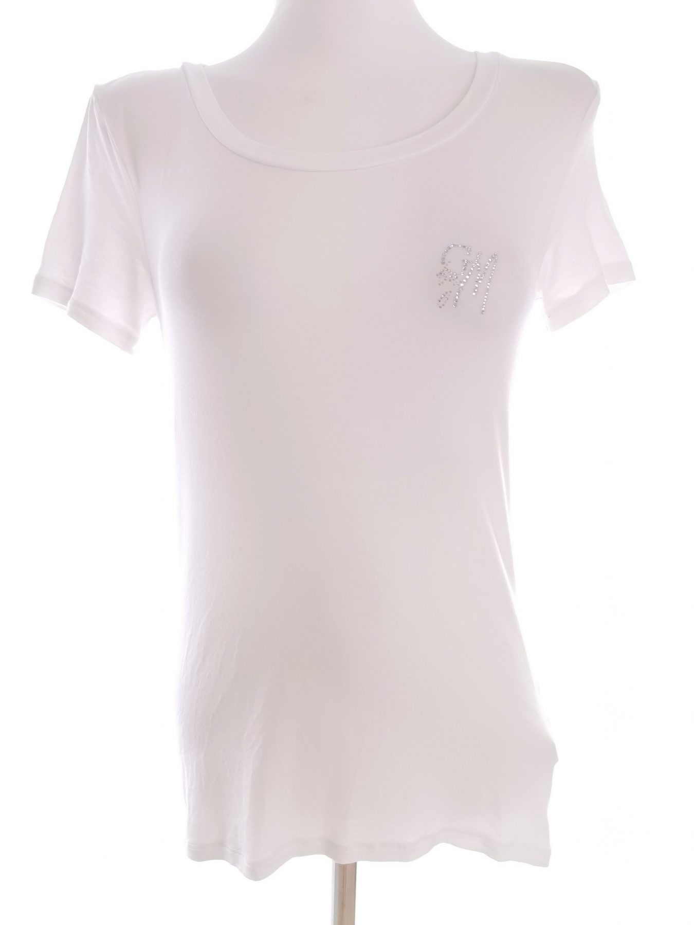 Guess by Marciano Size 3 (40) Color Biały Okrągły dekolt T-Shirt Krótki rękaw Fabric Modal