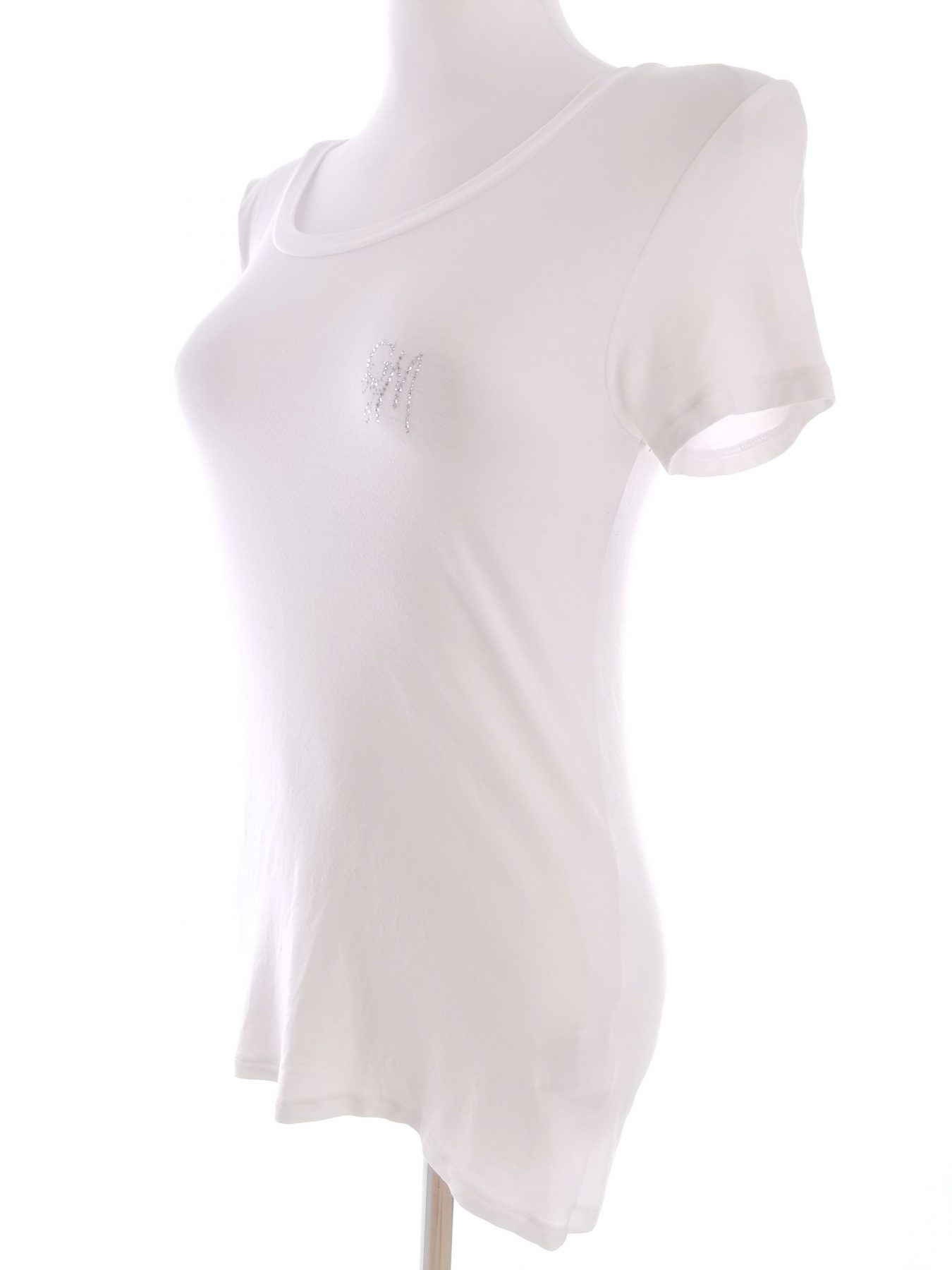 Guess by Marciano Size 3 (40) Color Biały Okrągły dekolt T-Shirt Krótki rękaw Fabric Modal