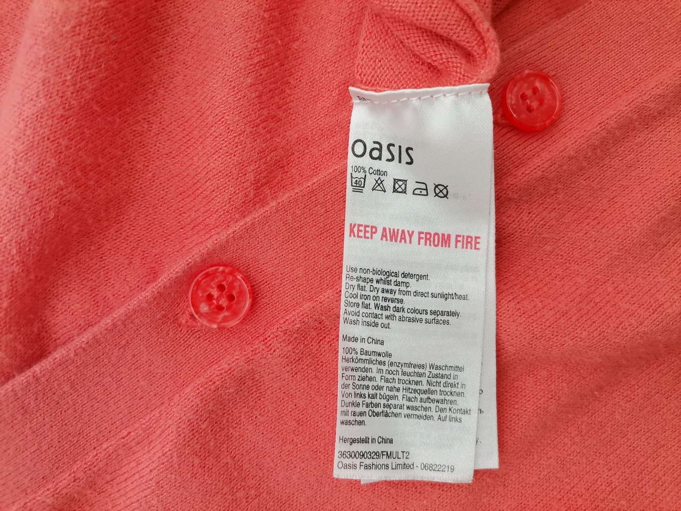 Oasis Size M Color Pomarańczowy Okrągły dekolt Kardigan Zapinany Długi rękaw Fabric Bawełna 100% Cienka dzianina