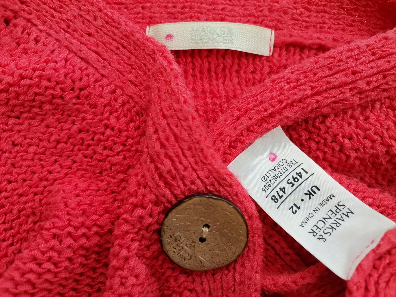 Marks&spencer Size 12 (40) Color Różowy W serek Długi Zapinany Kardigan Rękaw 3/4 Fabric Akryl Cienka dzianina