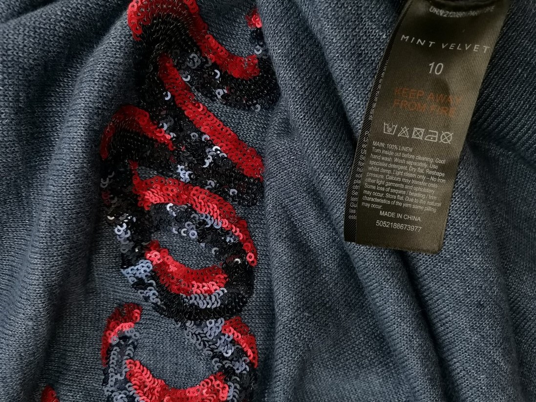 Mint Velvet Size 10 (38) Color Niebieski W łódkę Sweter Długi rękaw Fabric Len 100% Cienka dzianina