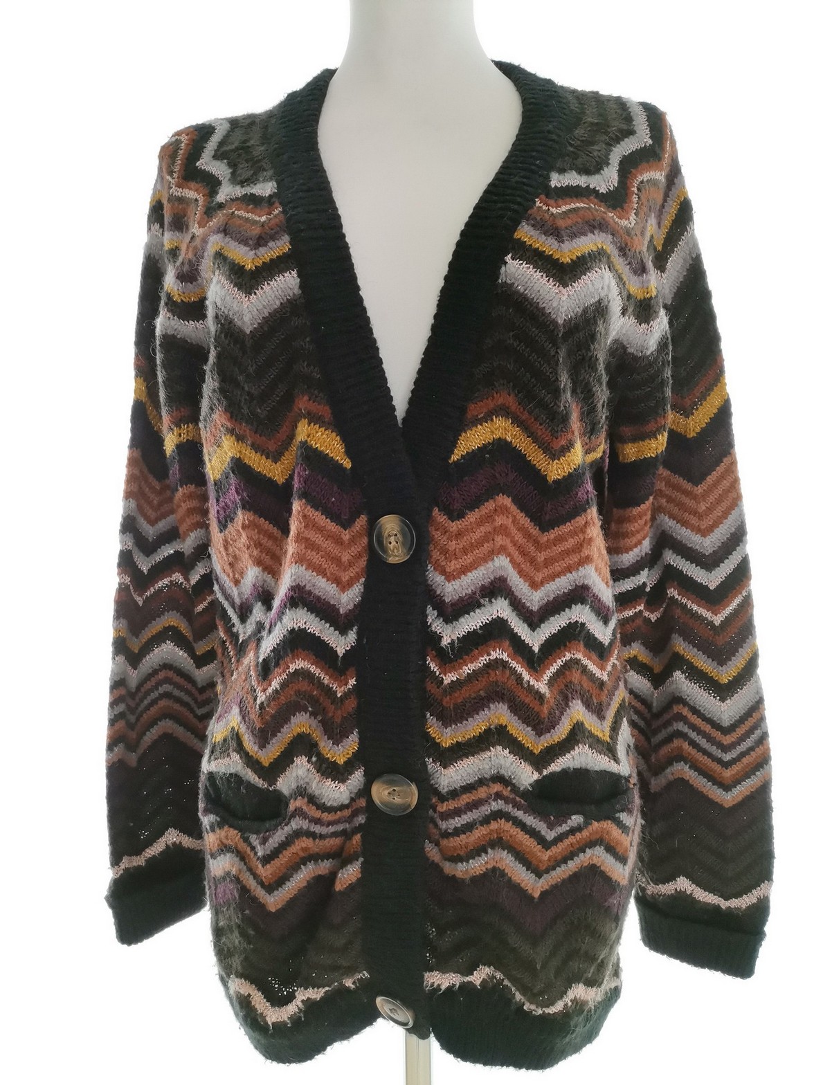 MISSONI LINDEX Size S Color Czarny W serek Długi Zapinany Kardigan Płaszcz Długi rękaw Fabric Akryl Cienka dzianina