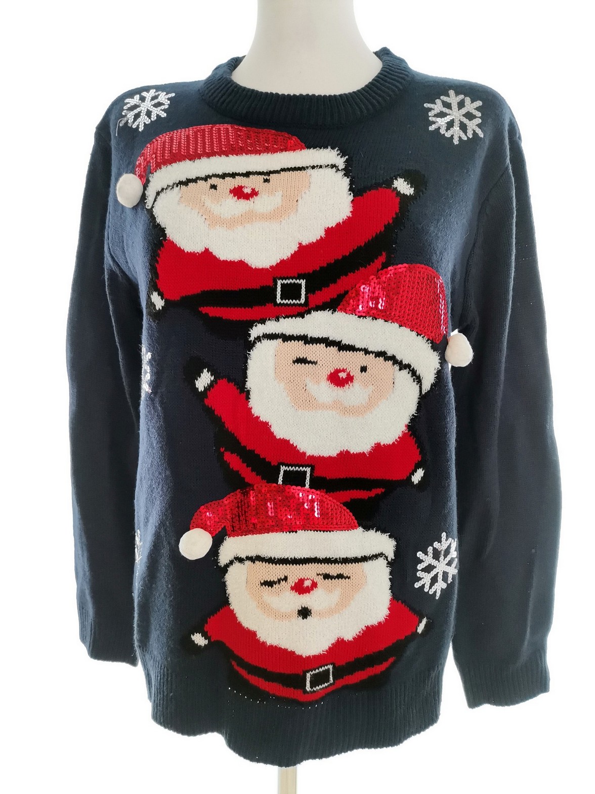 Merry Christmas Size 42/44 Color Granatowy Crew Neck Sweter Świąteczny Gwiazdka Długi rękaw Cienka dzianina