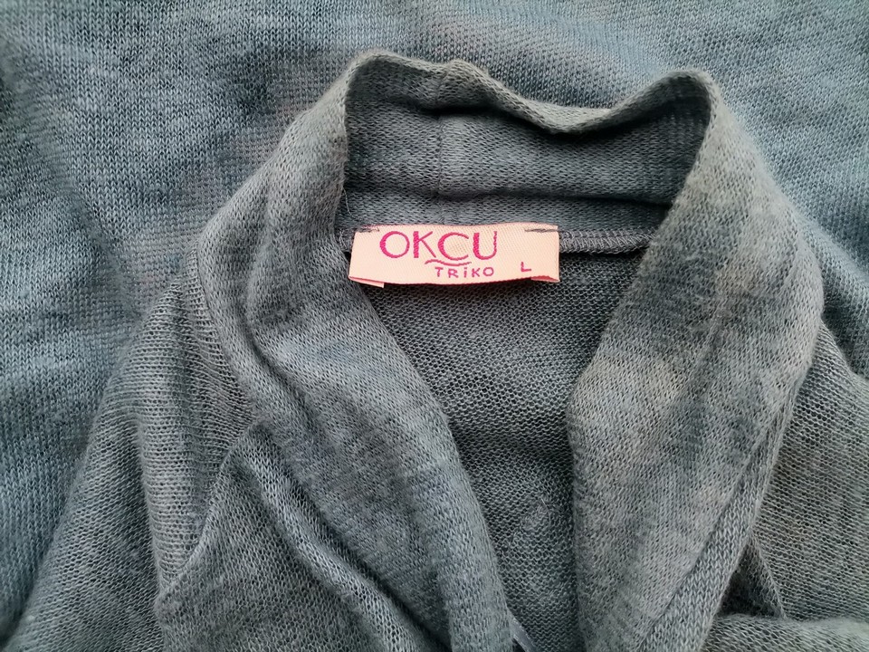 OKCU Triko Size L Color Niebieski W serek Długi Otwarty Kardigan Rękaw 3/4 Fabric Len 100% Cienka dzianina