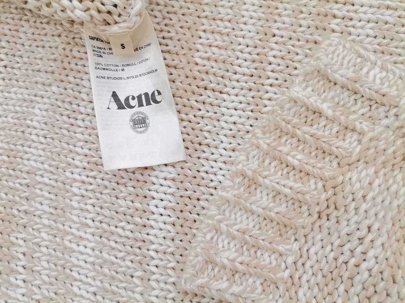 ACNE Studios Size S Color Kremowy Męski Sweter Długi rękaw Fabric Bawełna 100%