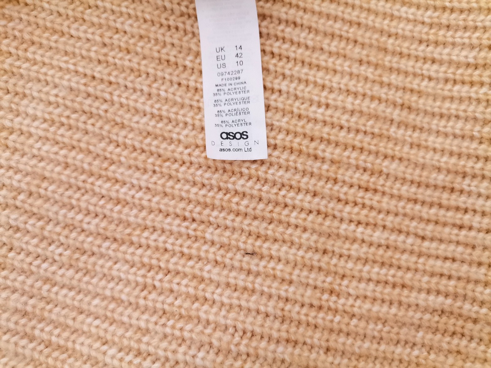 ASOS Size 14 (42) Color Pudrowy Golf Długi Sweter Tunika Długi rękaw Fabric Akryl Gruba dzianina