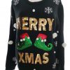 Merry Christmas Size 46/48 Color Czarny Crew Neck Sweter Świąteczny Gwiazdka Długi rękaw Cienka dzianina