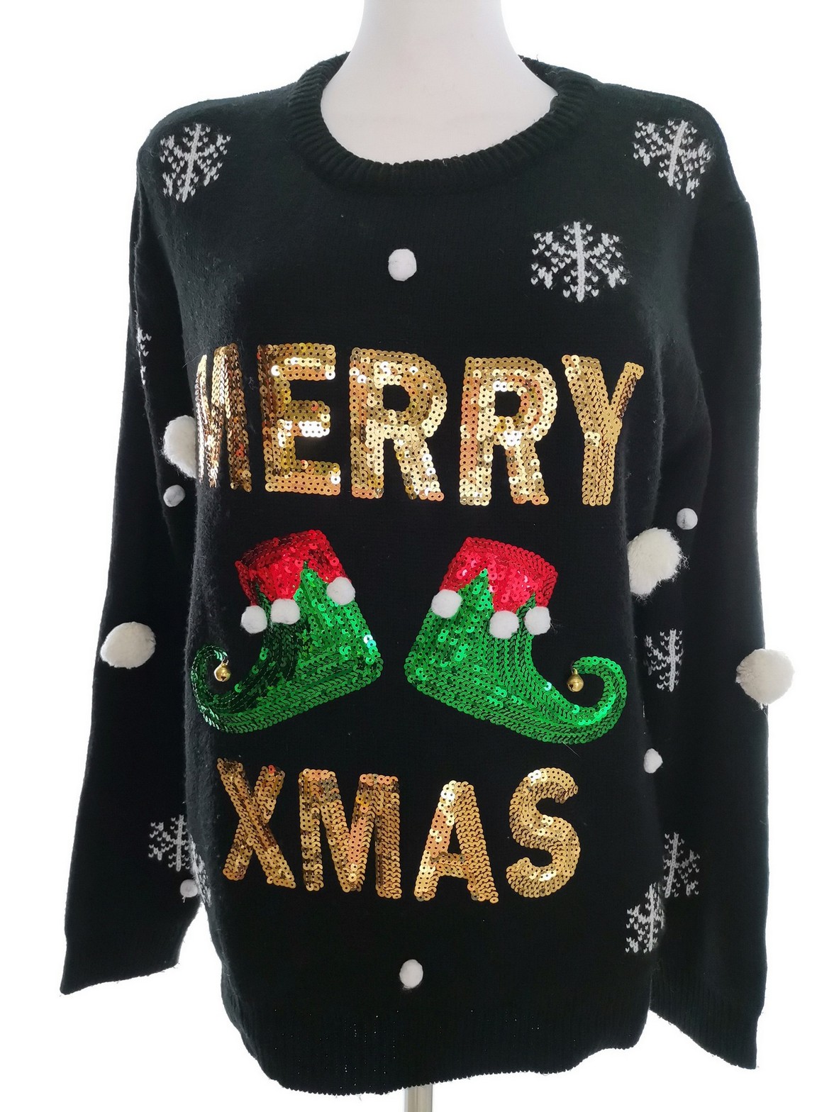 Merry Christmas Size 46/48 Color Czarny Crew Neck Sweter Świąteczny Gwiazdka Długi rękaw Cienka dzianina