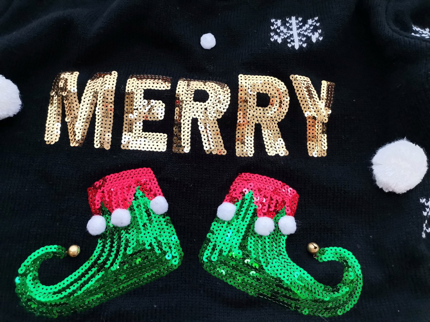 Merry Christmas Size 46/48 Color Czarny Crew Neck Sweter Świąteczny Gwiazdka Długi rękaw Cienka dzianina