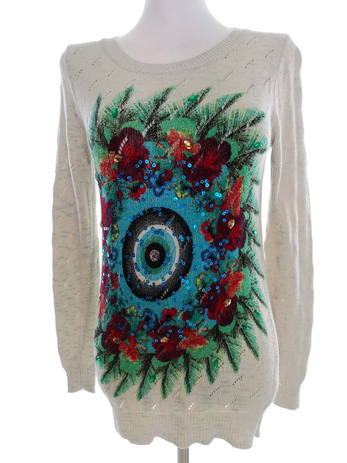 DESIGUAL Size M Color Kremowy Crew Neck Długi Sweter Tunika Długi rękaw Cienka dzianina