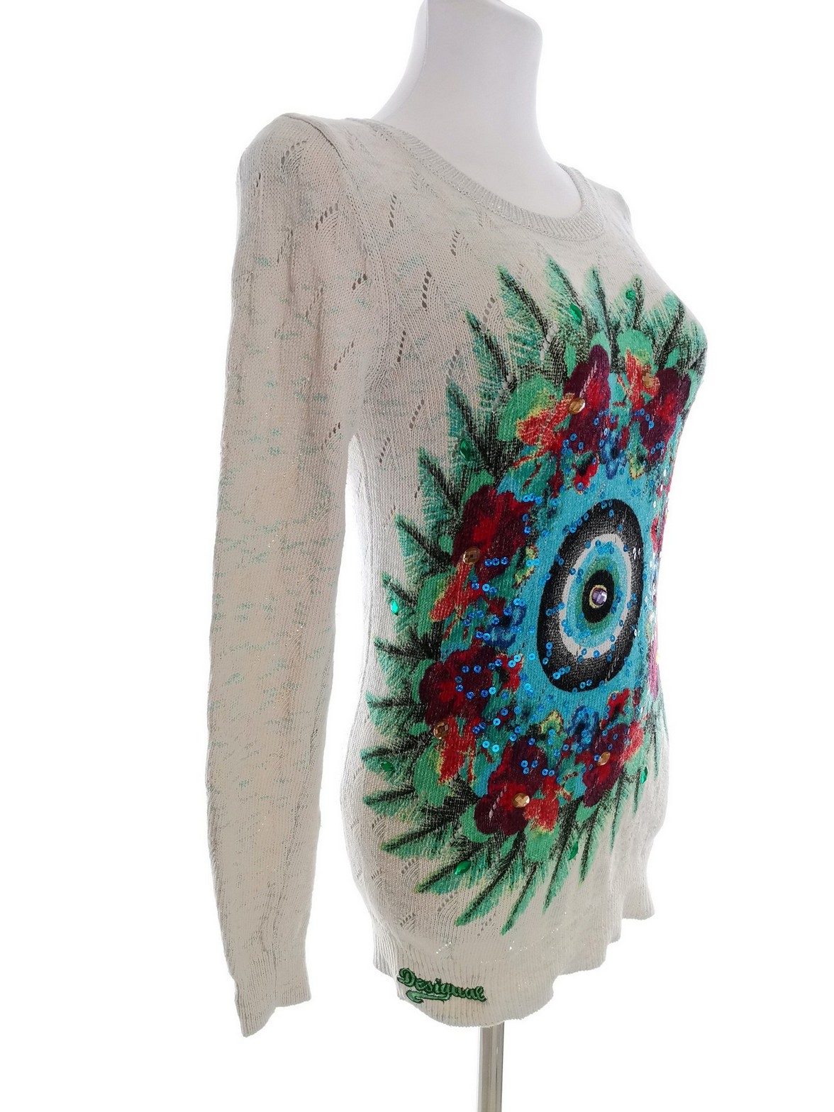 DESIGUAL Size M Color Kremowy Crew Neck Długi Sweter Tunika Długi rękaw Cienka dzianina