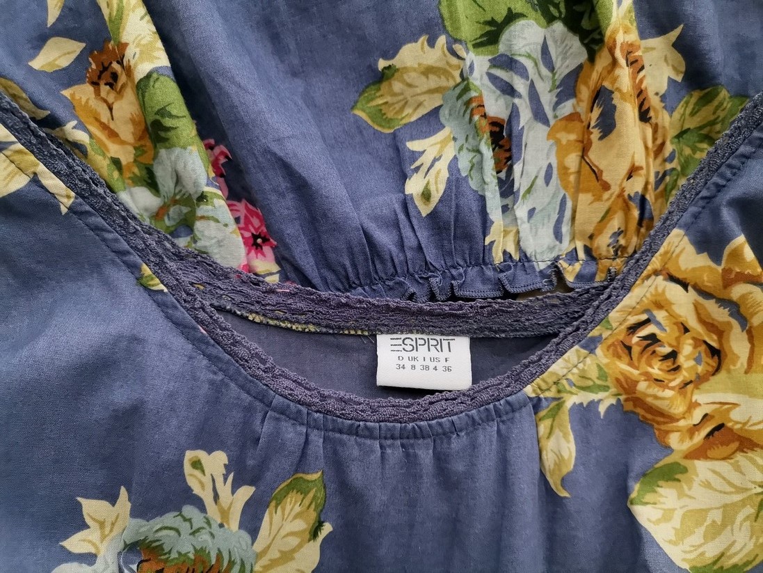 Esprit Size 34 Color Niebieski Okrągły dekolt Sukienka Trapezowa Krótki rękaw Midi Fabric Bawełna 100%