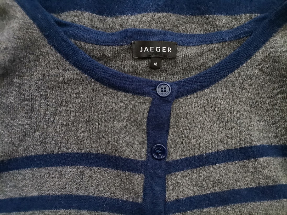 Jaeger Size M Color Szary Pasy Okrągły dekolt Długi Zapinany Kardigan Długi rękaw Fabric Wiskoza Cienka dzianina