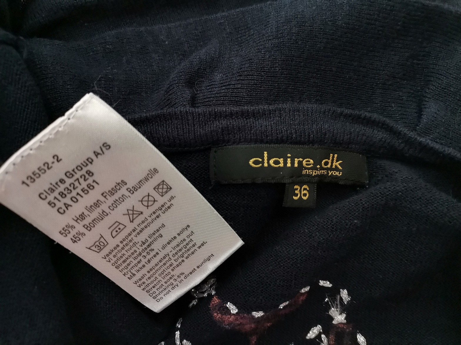 CLAIRE DK Size 36 Color Granatowy Kołnierz Bolerko Kardigan Długi rękaw Fabric Len Cienka dzianina