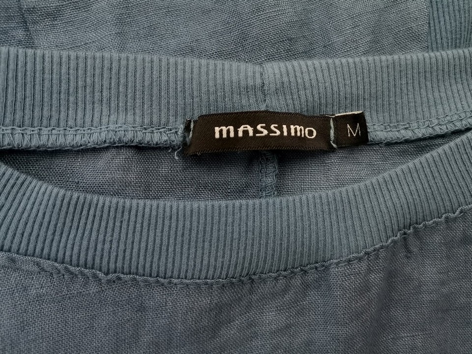 MASSIMO Italy Size M Color Niebieski Okrągły dekolt Sukienka Prosta Krótki rękaw Midi Fabric Len 100%