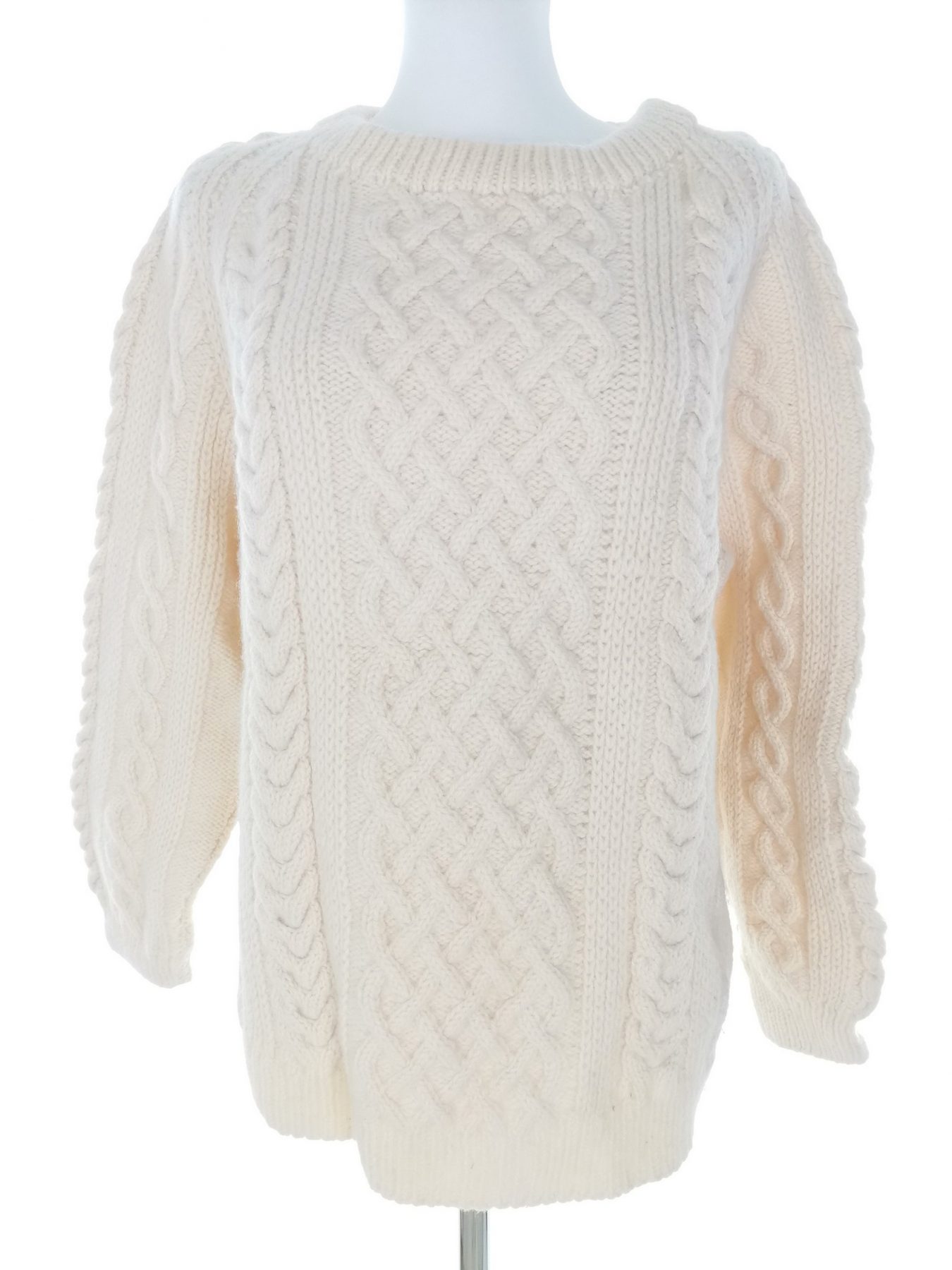 Vintage Size 46/48 Color Kremowy Crew Neck Sweter Długi rękaw Dzianina kablowa