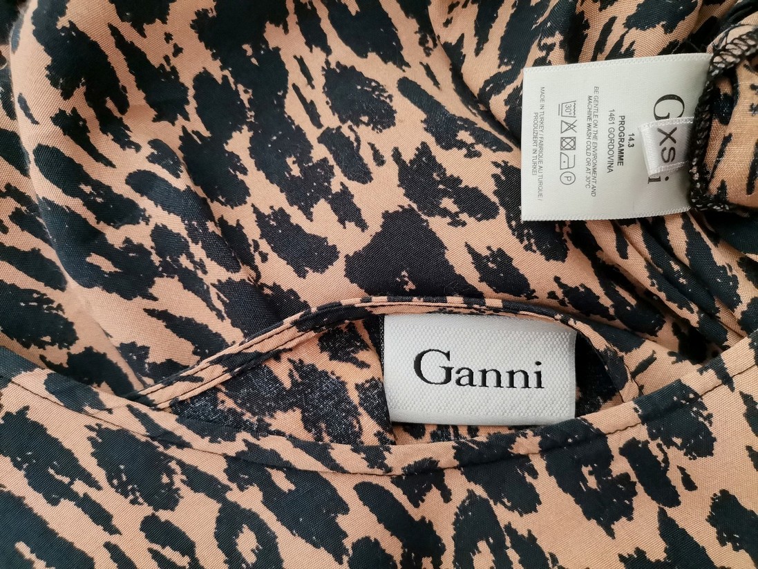 Ganni Size XS Color Brązowy Panterka Okrągły dekolt Sukienka Trapezowa Krótki rękaw Midi Fabric Wiskoza 100%