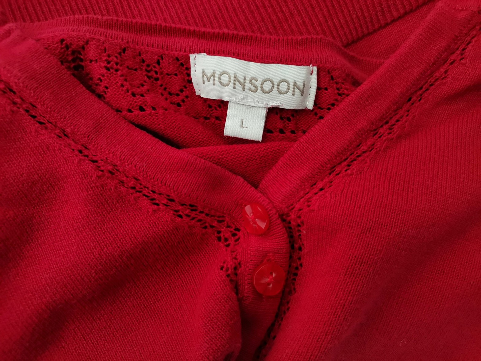 Monsoon Size L Color Czerwony Split Crew Neck Kardigan Zapinany Rękaw 3/4 Fabric Bawełna 100% Cienka dzianina