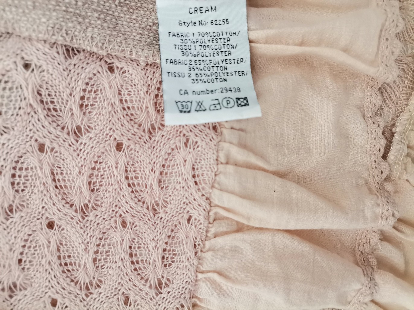 Cream Size XXL Color Pudrowy Róż Kołnierz Długi Kardigan Płaszcz Wiązany Długi rękaw Fabric Bawełna Otwarta dzianina