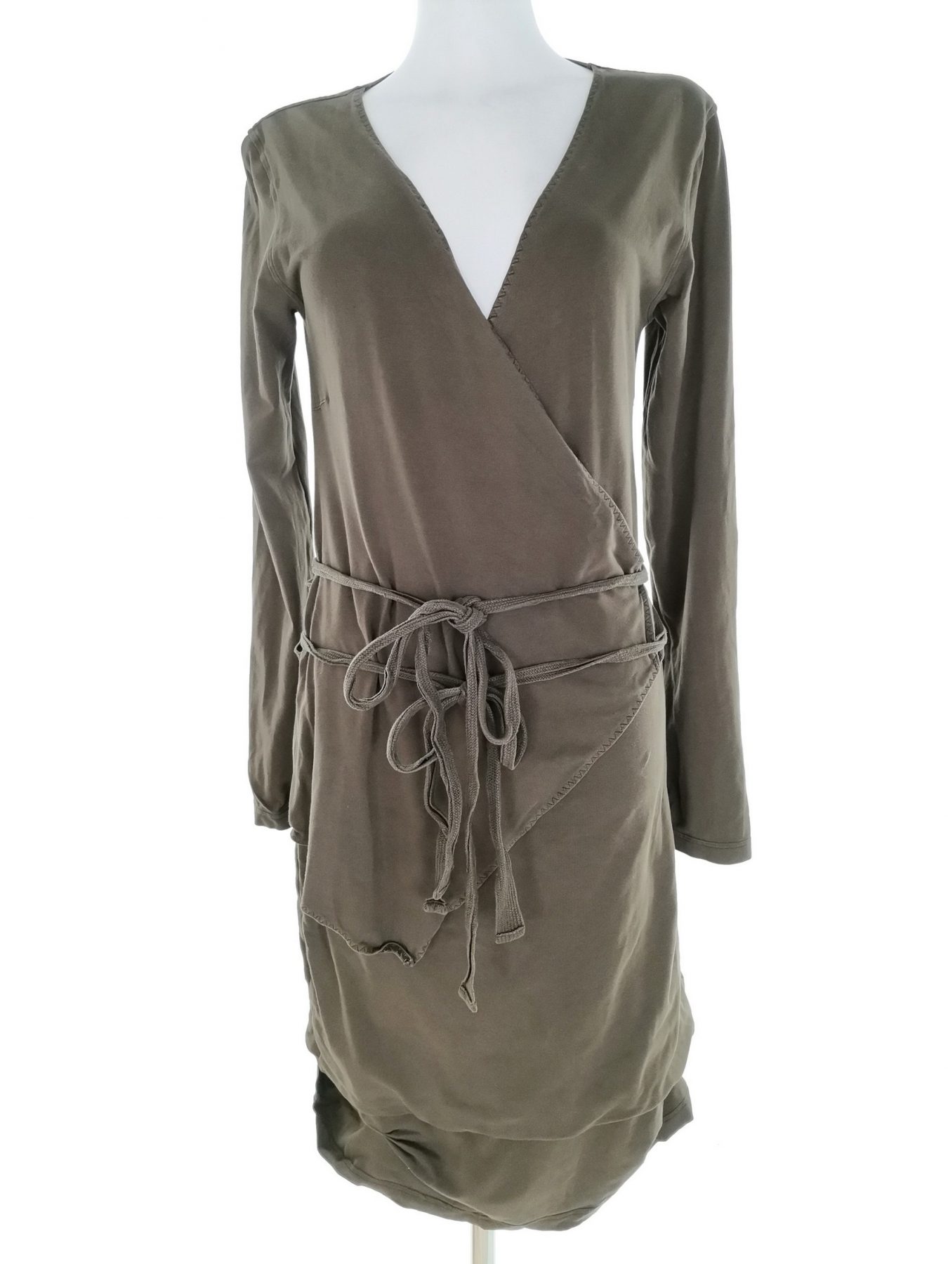 Hunkydory Size L Color Khaki W serek Sukienka Kopertowa Długi rękaw Midi Fabric Bawełna