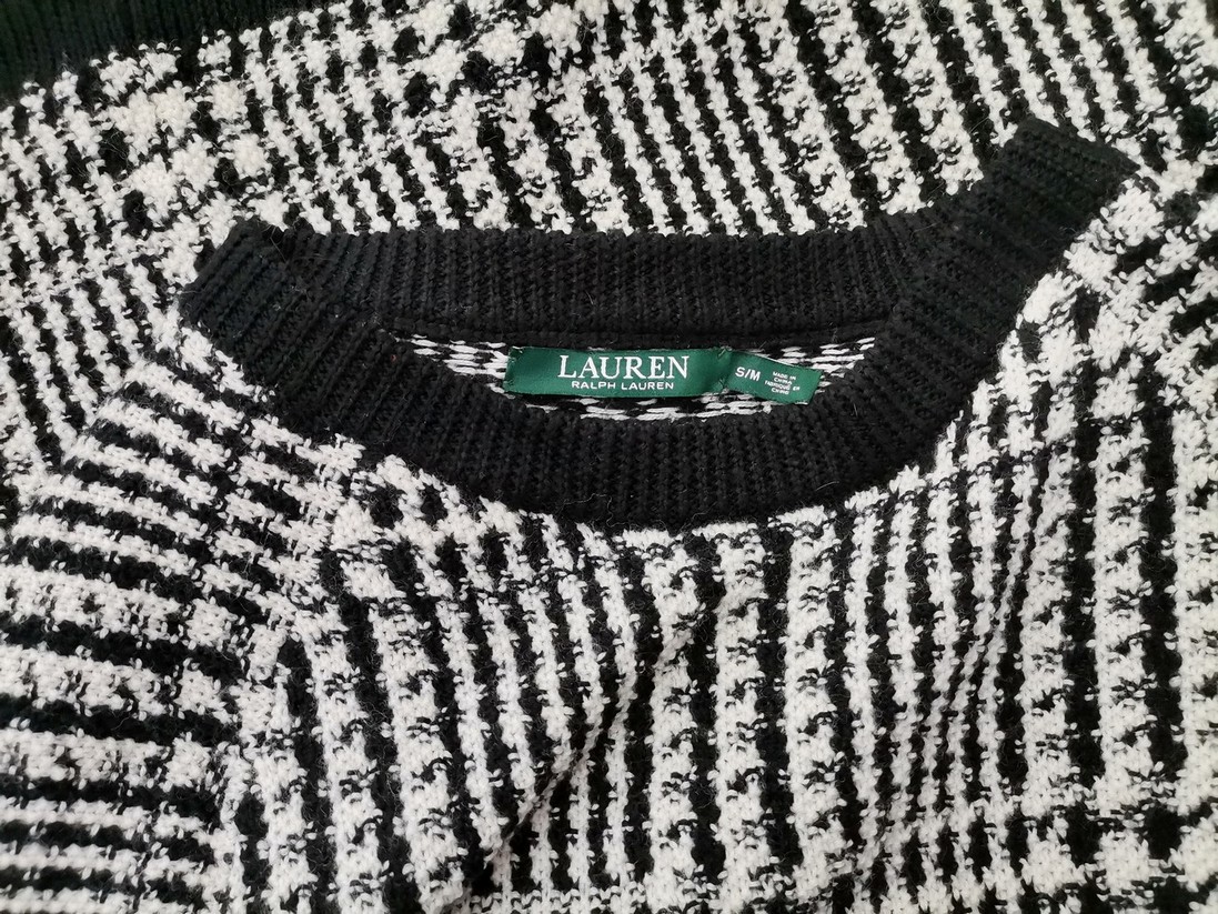 Lauren ralph lauren Size S/M Color Czarny Krata Crew Neck Tunika Bluzka Dzianina Długi rękaw Fabric Wełna 100%